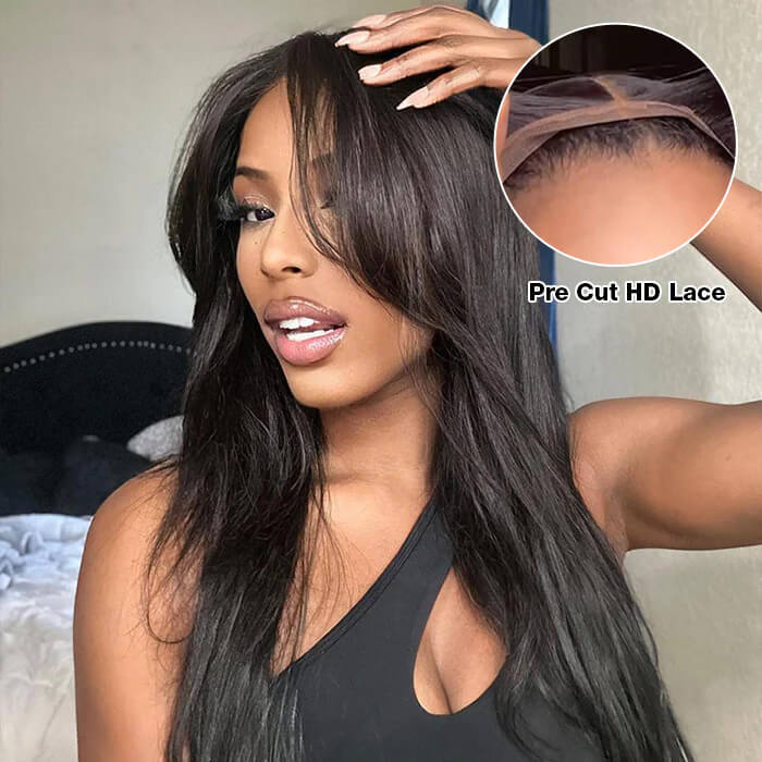 Layered Straight Curtain Bang Wig Ready Go Glueless HD Lace Wig Pre Bleached Tiny Knots Wig