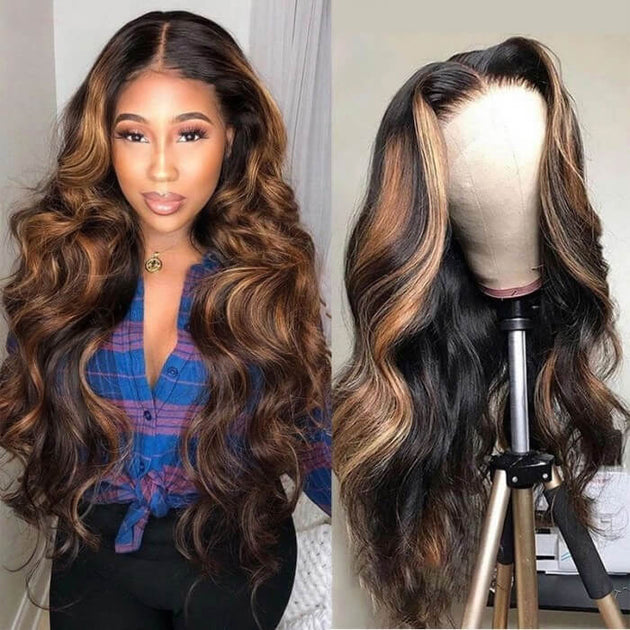 1B/30 Ombre Highlight Balayage Body Wave Wig Glueless 13x4 HD Lace Frontal Wigs Pre Plucked