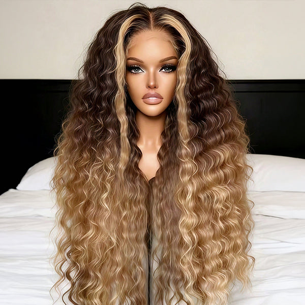 Ombre Brown To Blonde 220 Density Deep Wave Lace Front Wigs Pre plucked Hairline Highlight Glueless Human Hair Wigs For Women