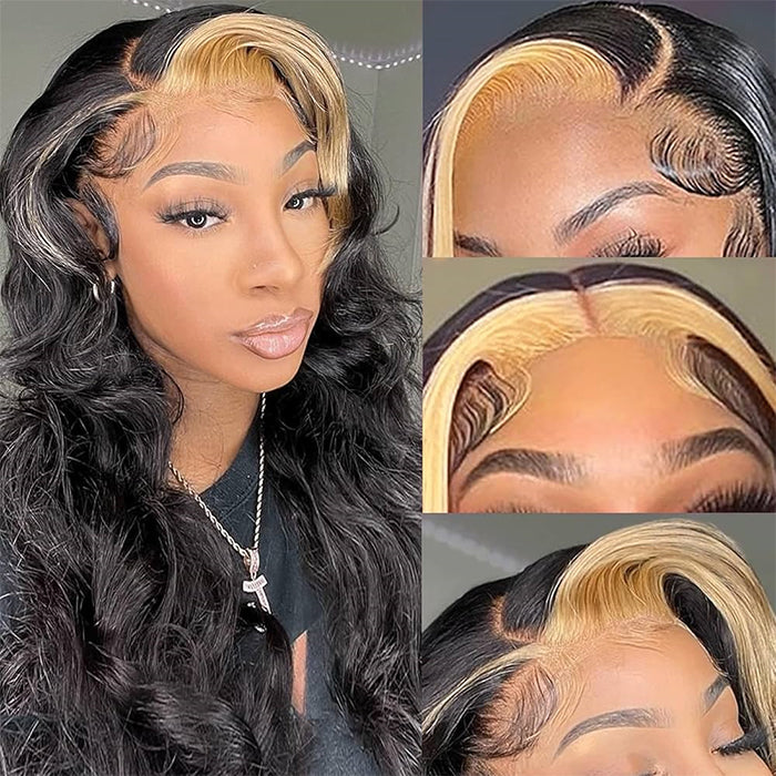 honey blonde body wave skunk stripe wig
