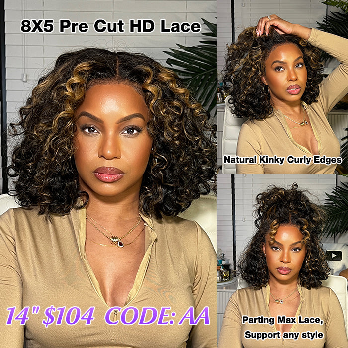 4C Edges Highlight Curly Wig 8x5 Pre Bleached Knots HD Lace Front Wig Ready Go Glueless Wigs