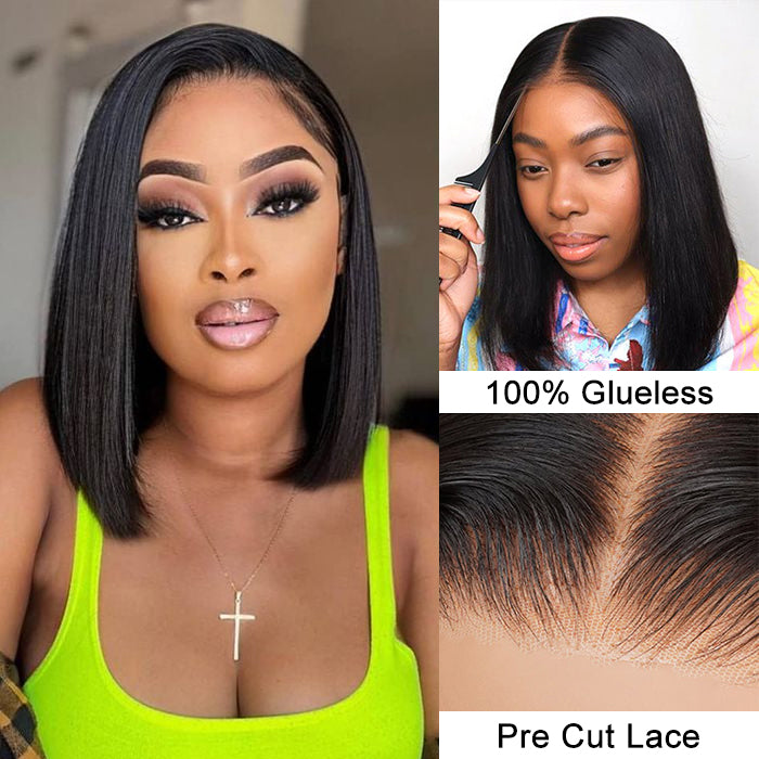 Put On And Go Glueless 4x4/5x5 Pre Cut HD Lace Straight Bob Wigs With Pre Bleached