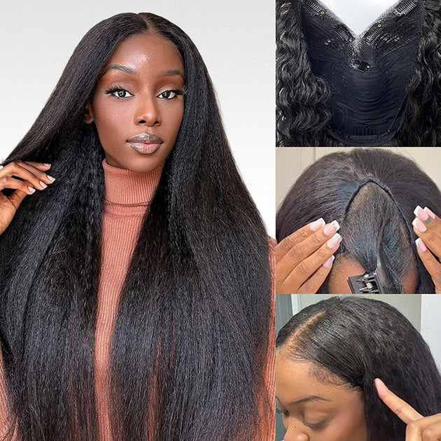 Kinky Straight V Part Wig Human Hair 28 Inch Glueless U Part Wig For Women With Kinky Straight V Part Wig No Leave Out Thin Part Glueless  main image 4