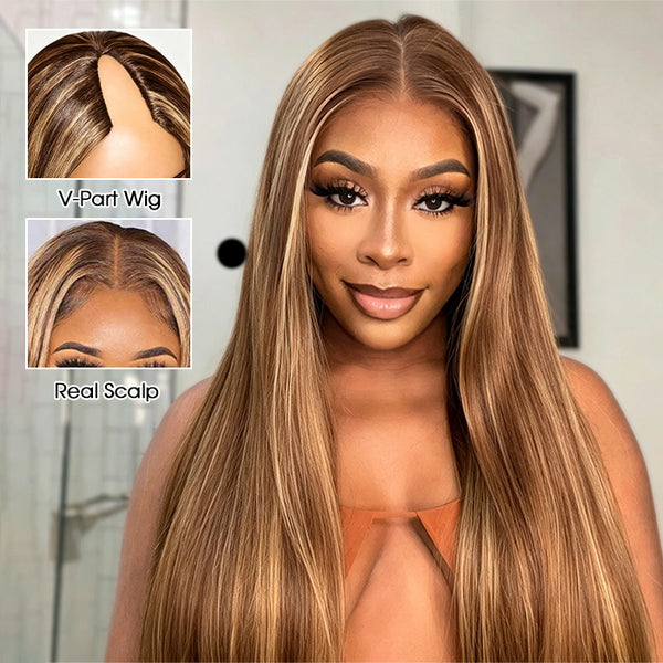 4/27 Blonde Highlight V/U Part Wigs Human Hair Straight V Part Wig Human Hair Minimal Leave Out No Lace