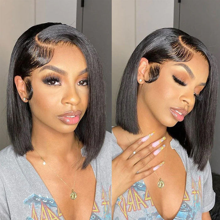 220% Density Short Straight Bob Wigs 13x4 HD Lace Front Wigs Pre Plucked & Bleached Knots Glueless Human Hair Wig