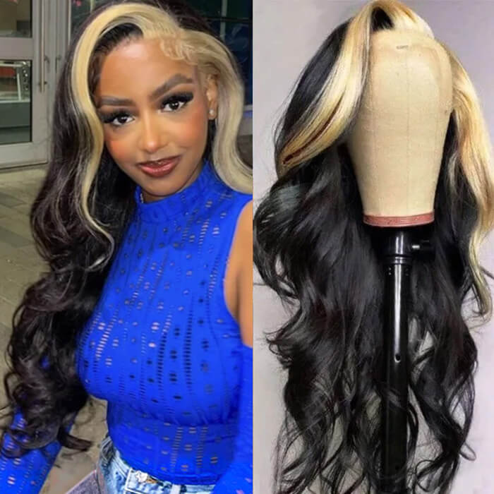 honey blonde body wave skunk stripe wig