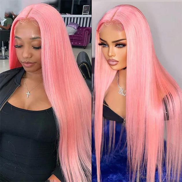 13x4 HD Lace Frontal Human Hair Wigs Straight Pink Color Wig For