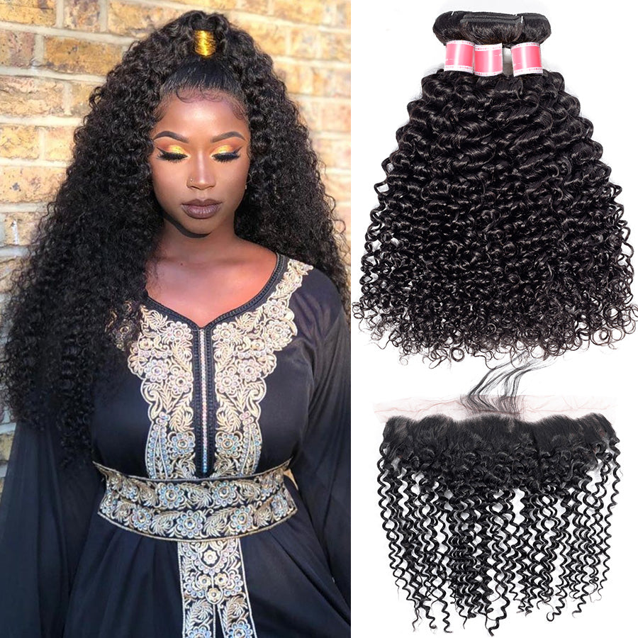 Wholesale Brazilian Curly Hair Weave 3 Bundles with 13x4 Lace Frontal