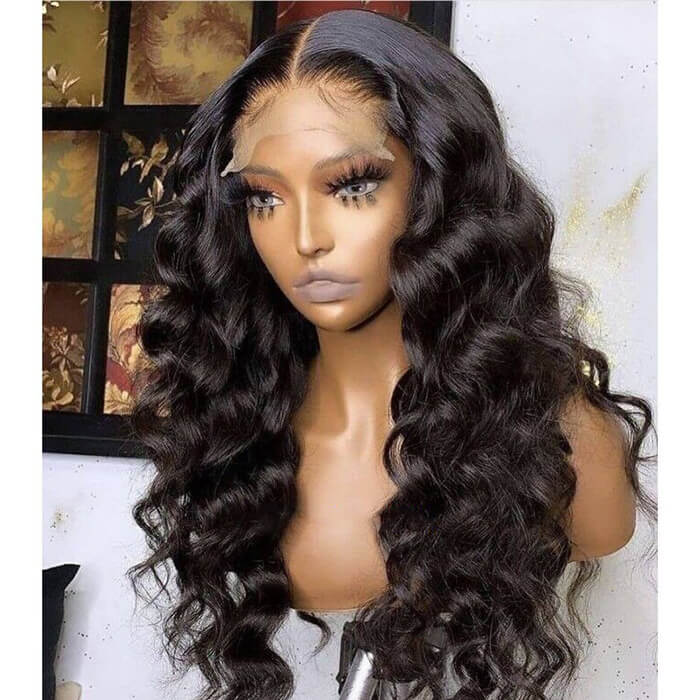 24 inch Loose Wave Transparent HD Lace 13x4/4x4 Lace Frontal Wig Human Hair Wig Natural Black