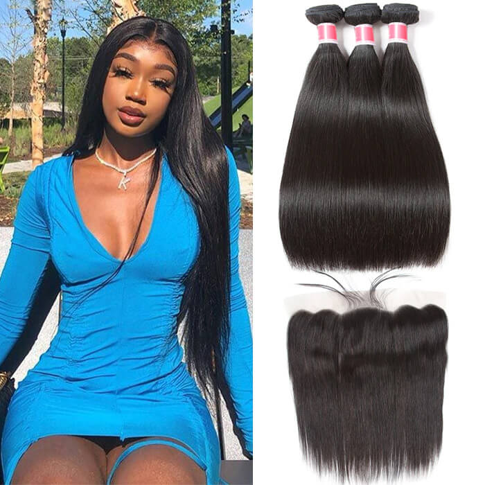 10"-30" Brazilian Straight Virgin Hair Weave 3 Bundles With Lace Frontal 13x4 Ear To Ear