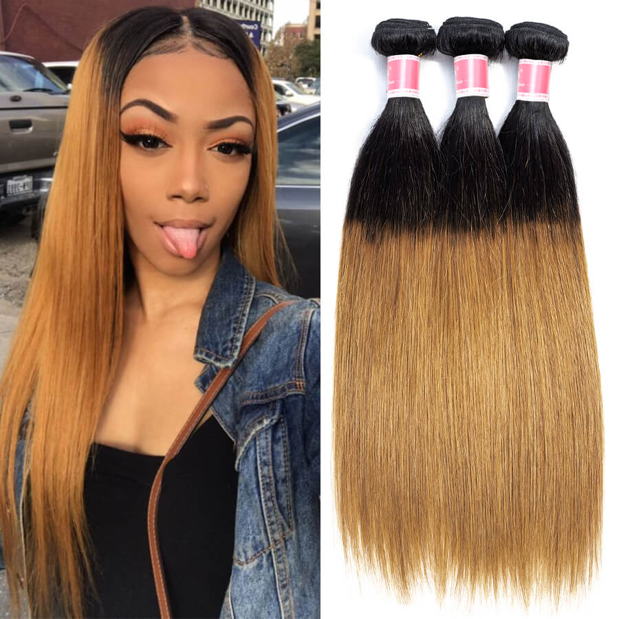 Ombre T1b/27 Brazilian Remy Straight Hair 3 Bundles Unprocessed 100% Human Hair Weave