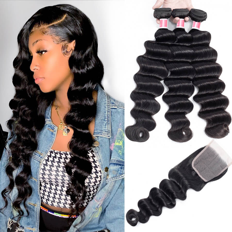 Brazilian Loose Deep Wave 3 Bundles with 4*4 Lace Closure Virgin Human Hair