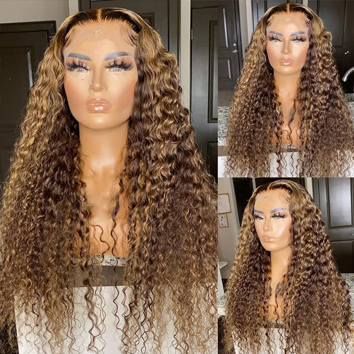 honey blonde highlight deep wave hd lace front wig