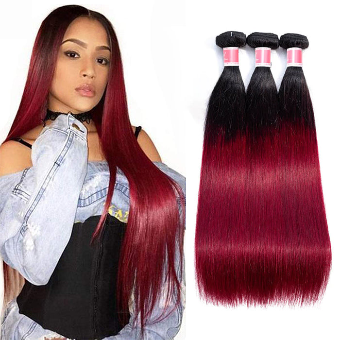 Ombre T1B/99J Brazilian Virgin Straight Hair 3/4 Bundles 10A Burgundy Human Hair Weave Extension