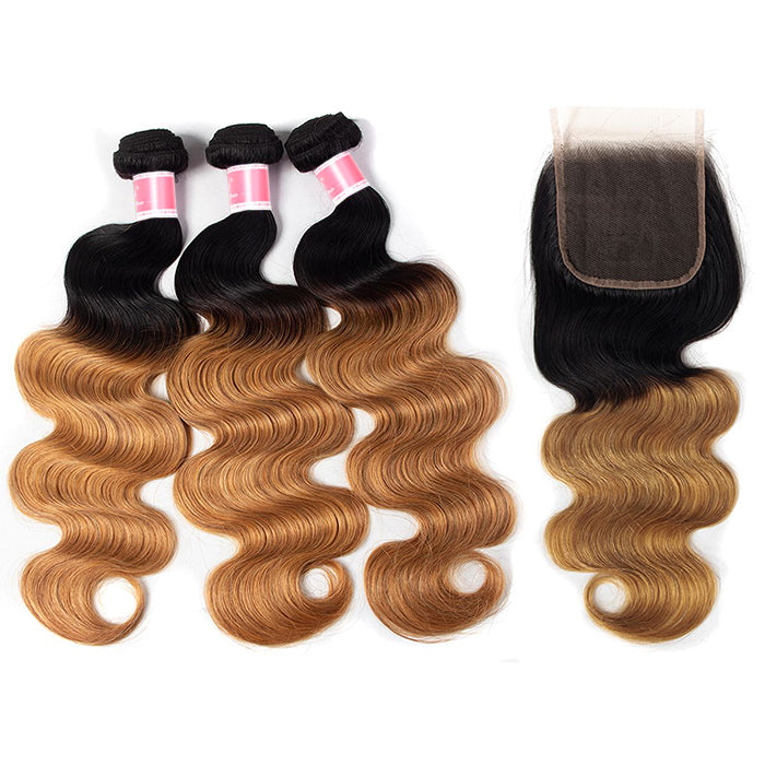 Ombre T1b/27 Body Wave 3 Bundles with Closure Free Part Virgin Human Hair Free Part