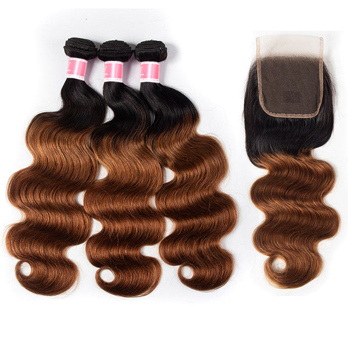 Ombre T1b/30 Body Wave 3 Bundles with Closure Free Part Virgin Human Hair Free Part
