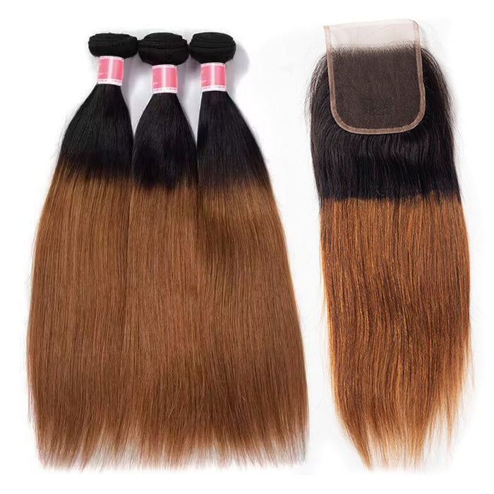 Ombre T1b/30 Straight Hair 3 Bundles with Closure Free Part Virgin Human Hair Free Part