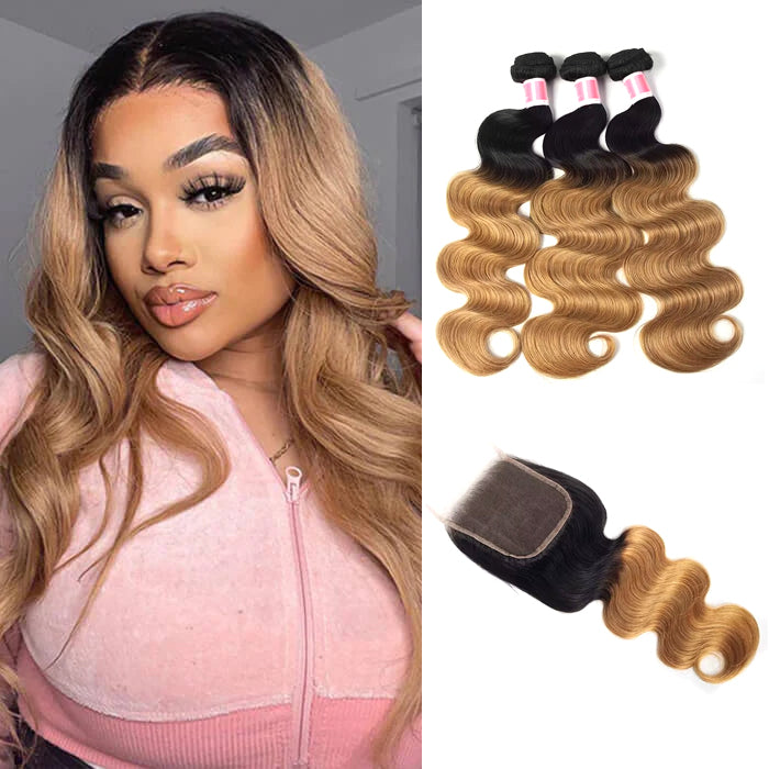 Ombre T1b/27 Body Wave 3 Bundles with Closure Free Part Virgin Human Hair Free Part