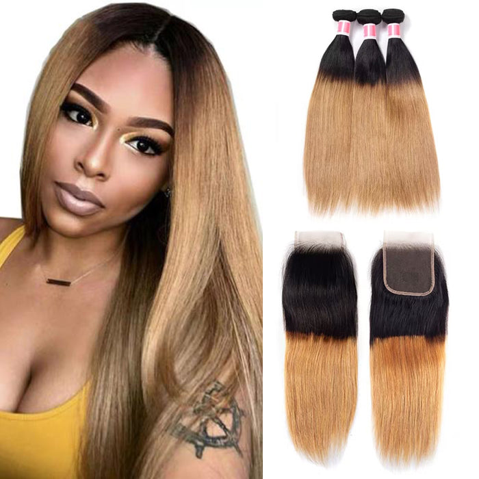 Ombre T1b/27 Straight Hair 3 Bundles with Closure Free Part Virgin Human Hair Free Part