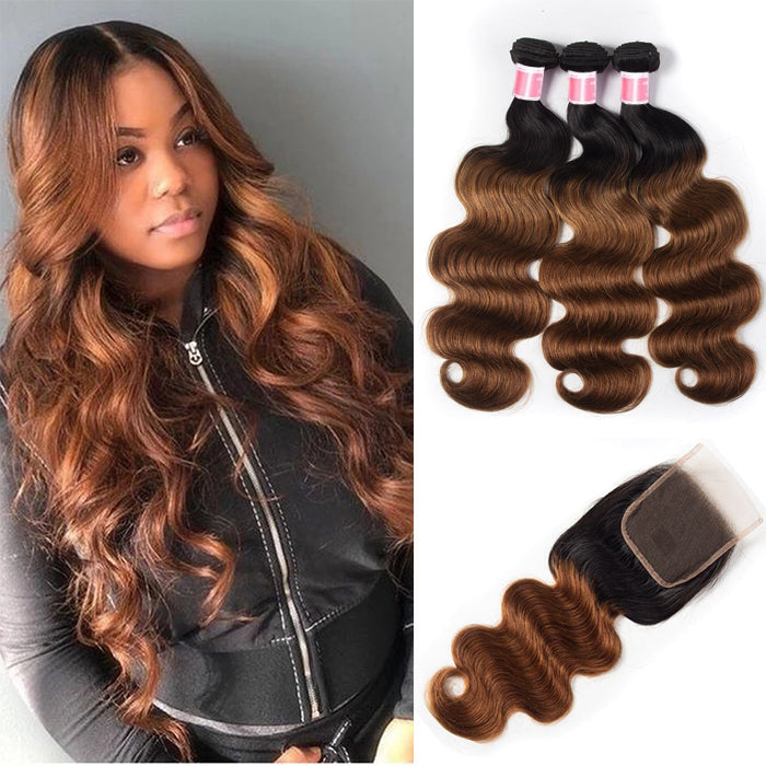 Ombre T1b/30 Body Wave 3 Bundles with Closure Free Part Virgin Human Hair Free Part