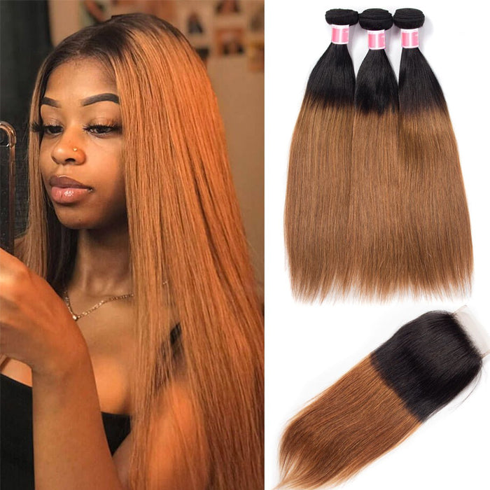 Ombre T1b/30 Straight Hair 3 Bundles with Closure Free Part Virgin Human Hair Free Part