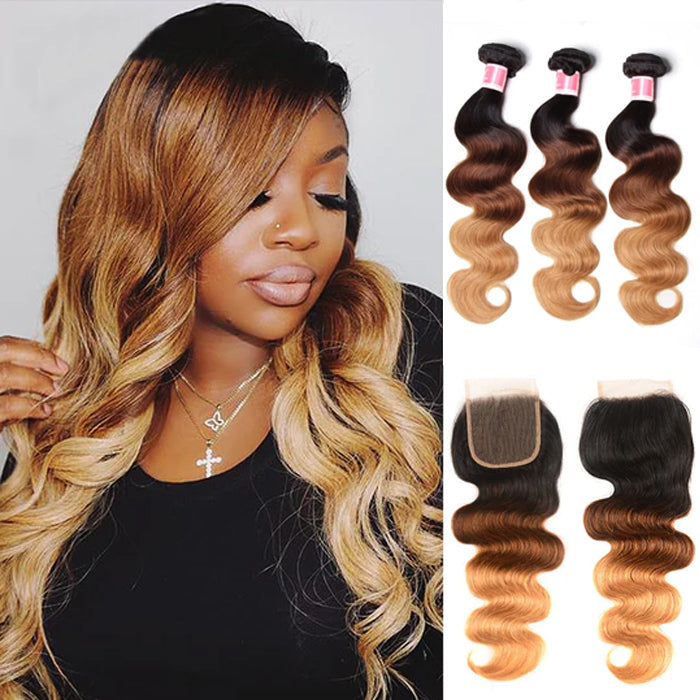 Ombre T1b/4/27 Body Wave 3 Bundles with Closure 100% Unprocessed Virgin Human Hair Free Part