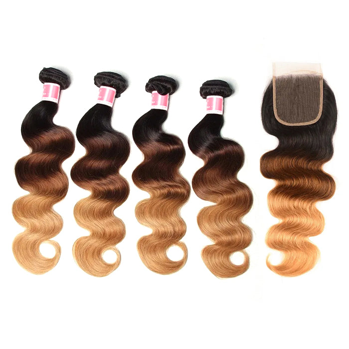 Ombre T1b/4/27 Body Wave 3 Bundles with Closure 100% Unprocessed Virgin Human Hair Free Part