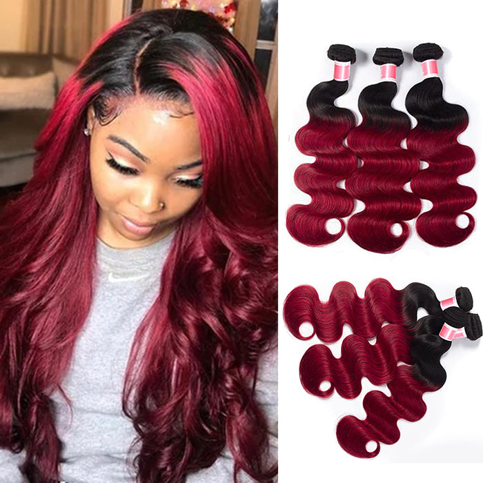 Ombre T1B/99J Brazilian Virgin Body Wave 3/4 Bundles 10A Burgundy Human Hair Weave