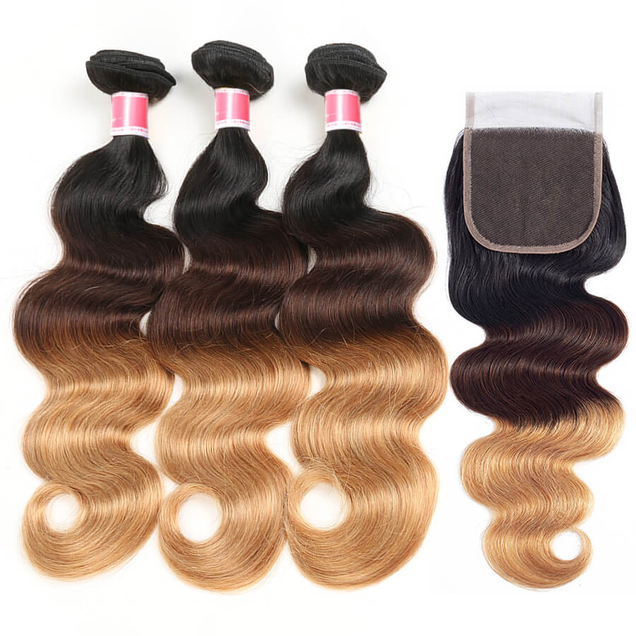 T1b/4/27 Ombre Human Hair 3 Bundles with Closure Free Part Brazilian Body Wave