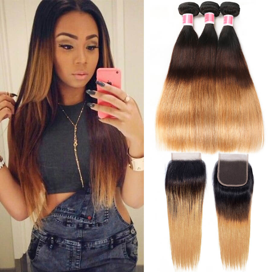Ombre T1b/4/27 Brazilian Straight Hair 3 Bundles with Closure 100% Unprocessed Virgin Human Hair