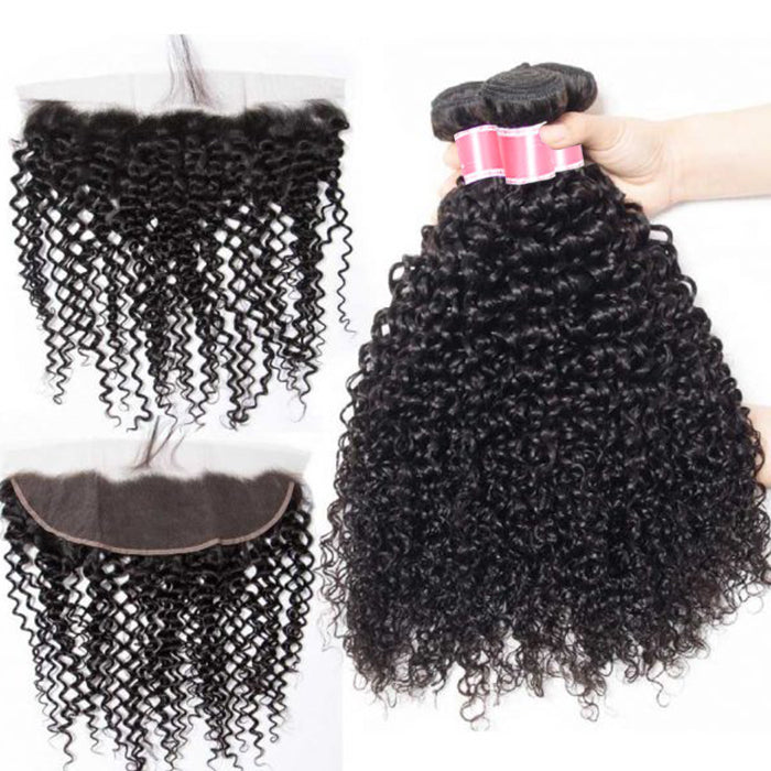 Peruvian Curly Hair Weave 3 Bundles with 13x4 Lace Frontal Ear To Ear