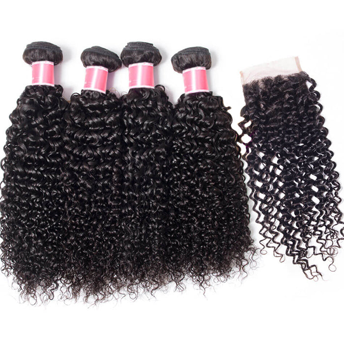 Brazilian Curly Hair 4 Bundles with 4*4 Lace Closure Virgin Human Hair