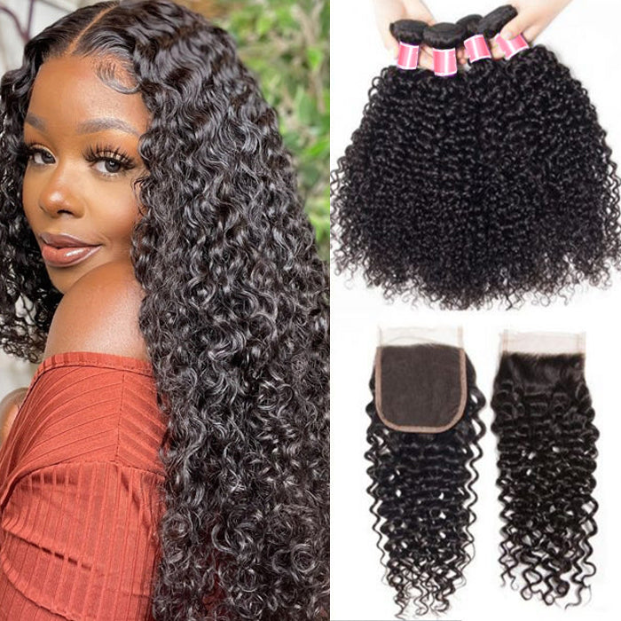 Brazilian Curly Hair 4 Bundles with 4*4 Lace Closure Virgin Human Hair