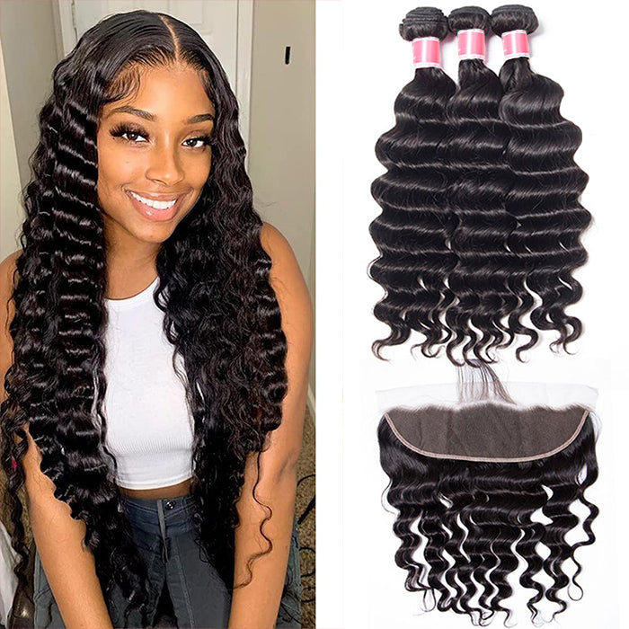 Brazilian Loose Deep Wave Virgin Hair Weave 3 Bundles With 13*4 Lace Frontal