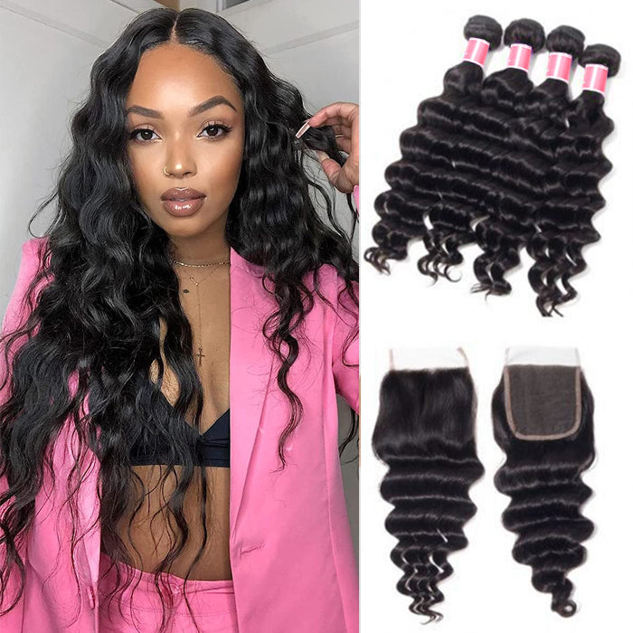 Brazilian Loose Deep Wave 4 Bundles with 4*4 Lace Closure Virgin Human Hair
