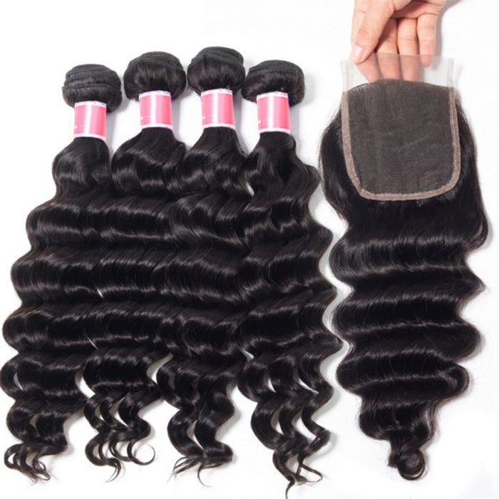 Brazilian Loose Deep Wave 4 Bundles with 4*4 Lace Closure Virgin Human Hair