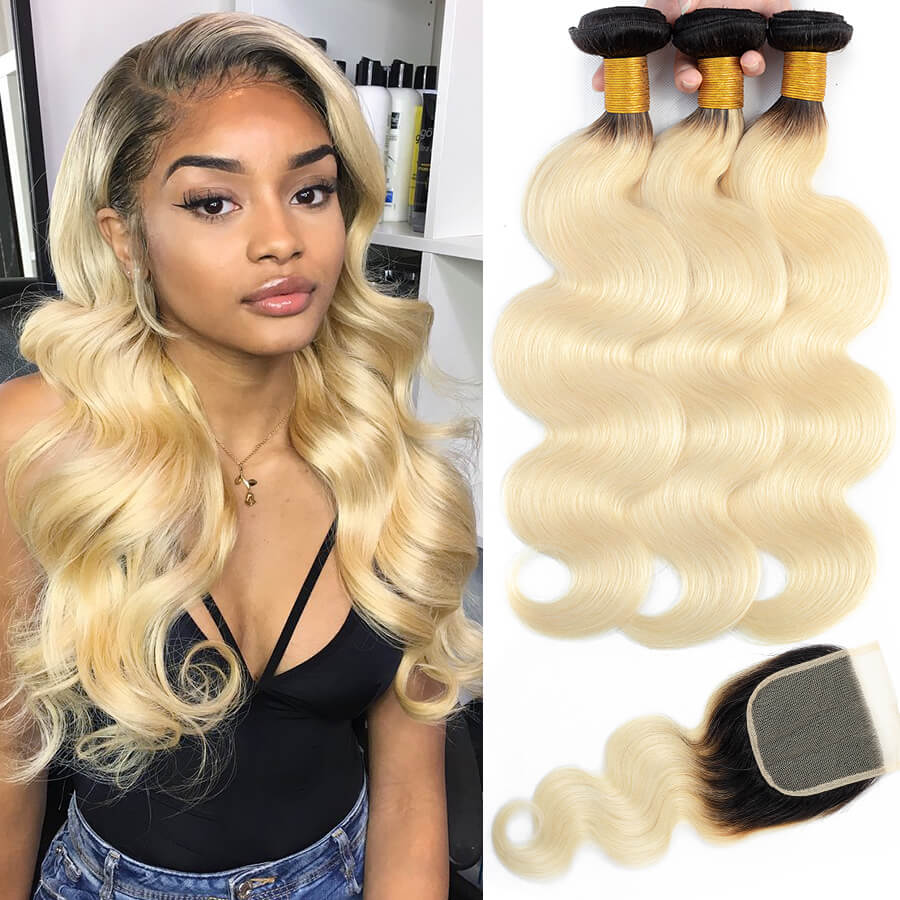 Ombre T1B/613 Brazilian Body Wave Human Hair 3 Bundles With Closure Remy Hair Weave