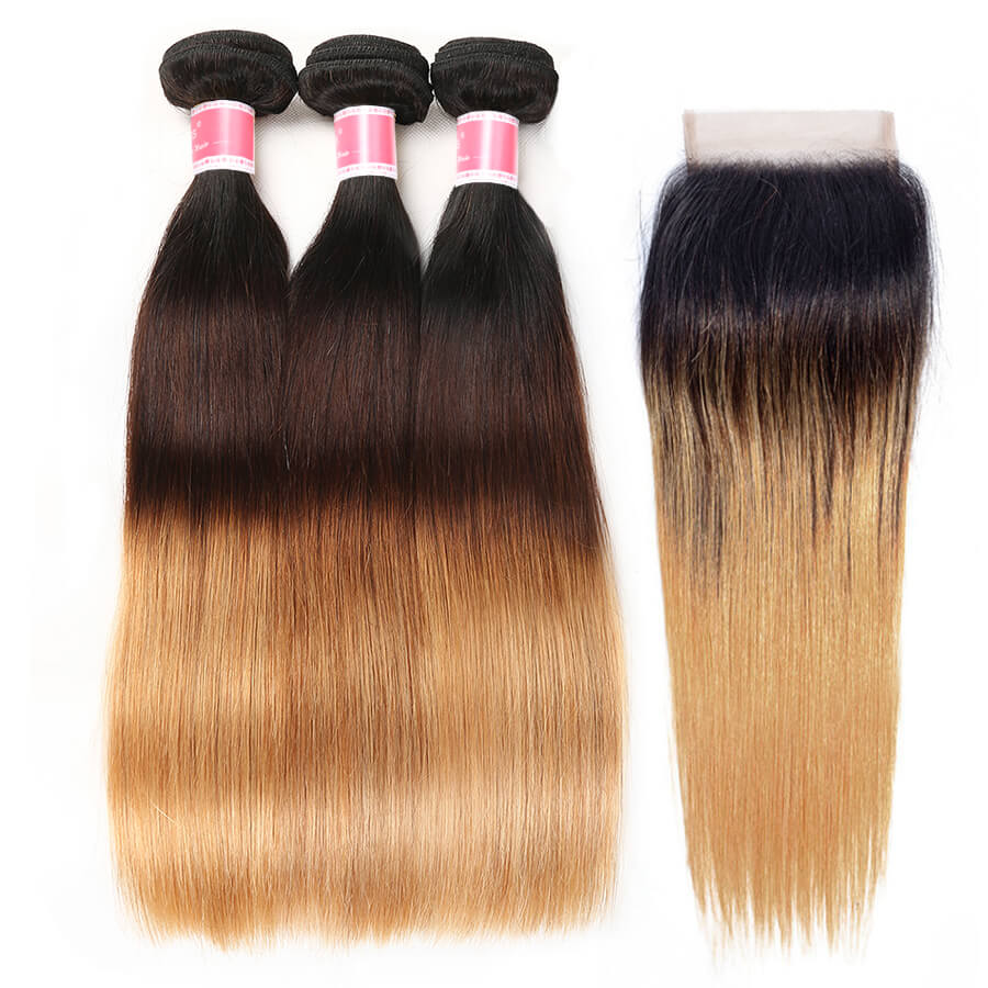 Ombre T1b/4/27 Brazilian Straight Hair 3 Bundles with Closure 100% Unprocessed Virgin Human Hair