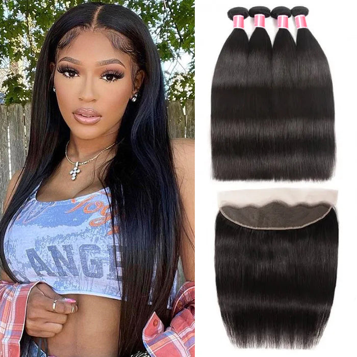 Brazilian Straight Hair 4 Bundles with 13*4 Lace Frontal Virgin Human Hair
