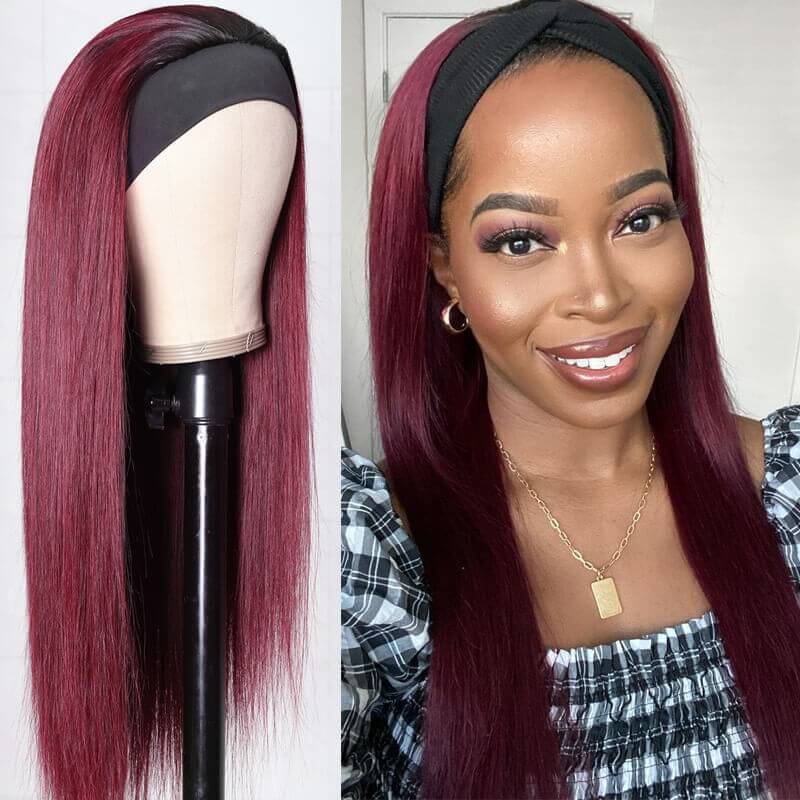 #99J Sugar Plum Color Headband Wig 100% Human Hair With Black Root | Throw On & Go