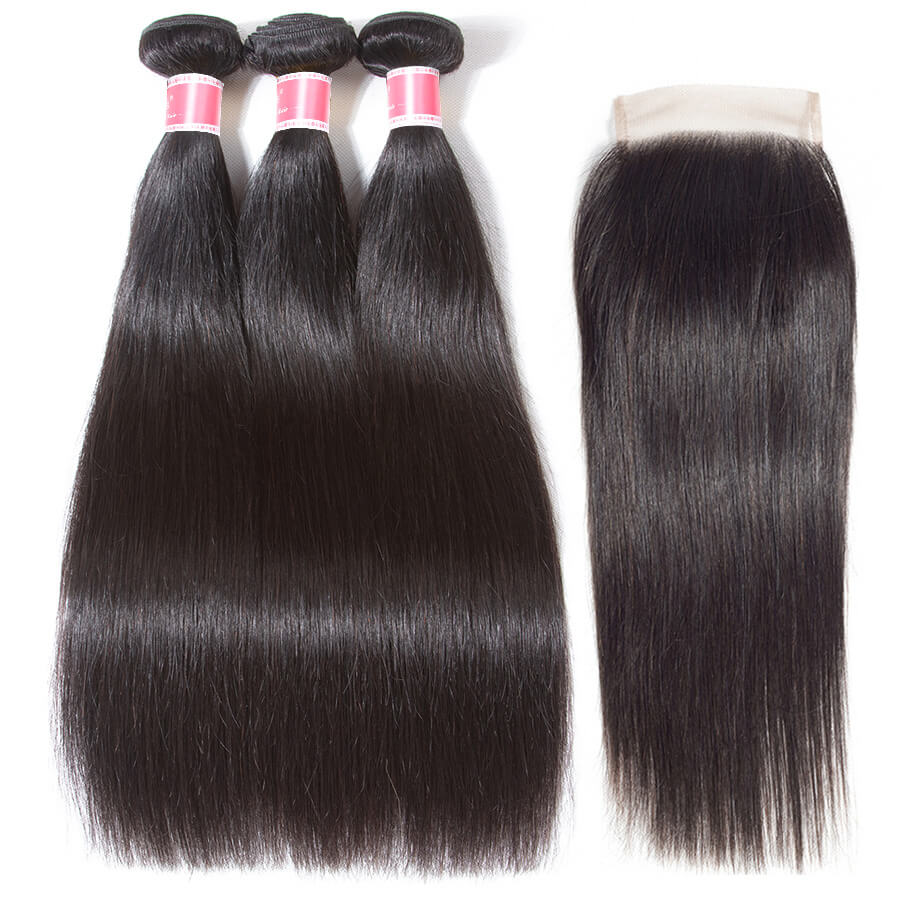 Brazilian Straight Hair 3 Bundles with 4*4 Lace Closure Virgin Human Hair