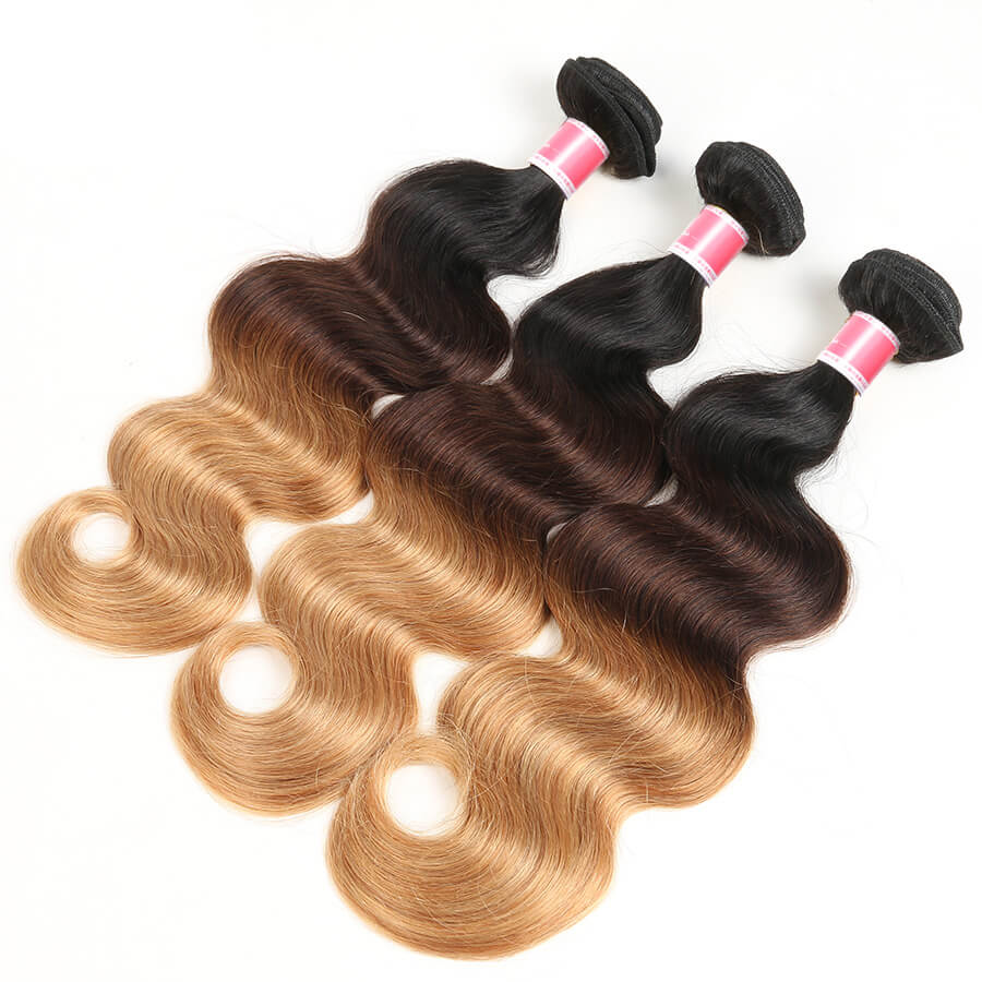 T1B/4/27# Three Tone Ombre Brazilian Body Wave Virgin Hair 3 Bundles