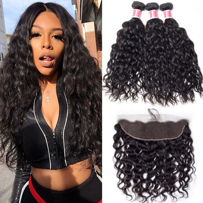 Brazilian Water Wave Virgin Hair Weave 3 Bundles With 13*4 Lace Frontal