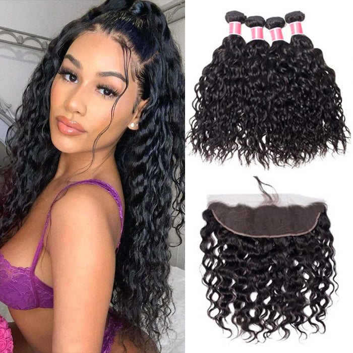 Brazilian Water Wave 4 Bundles with 13*4 Lace Frontal Virgin Human Hair