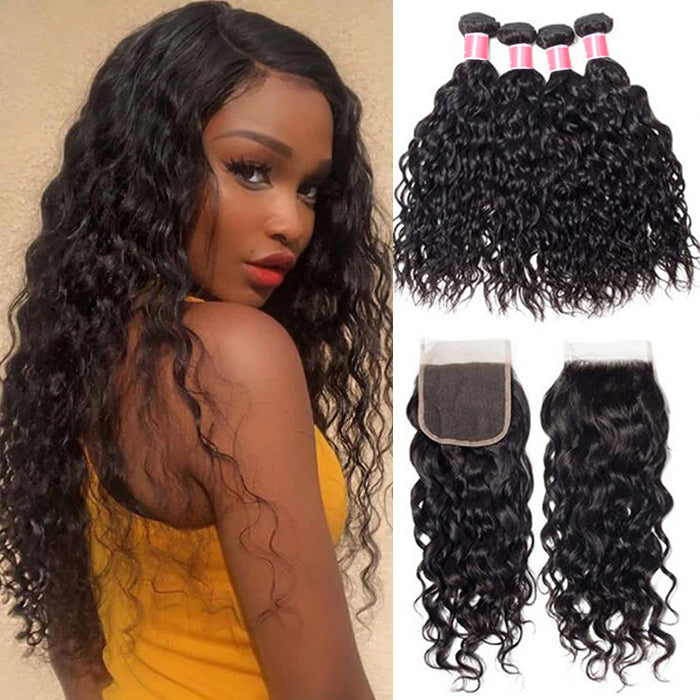 Brazilian Water Wave 4 Bundles with 4*4 Lace Closure Virgin Human Hair