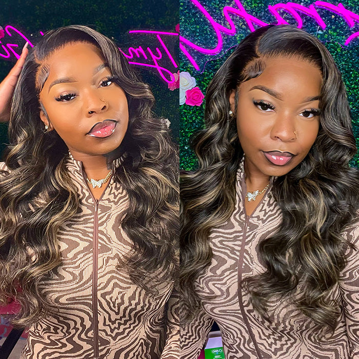 Glueless Blonde Highlight Body Wave Wig Pre Cut 8x5 HD Lace Human Hair 220% Density