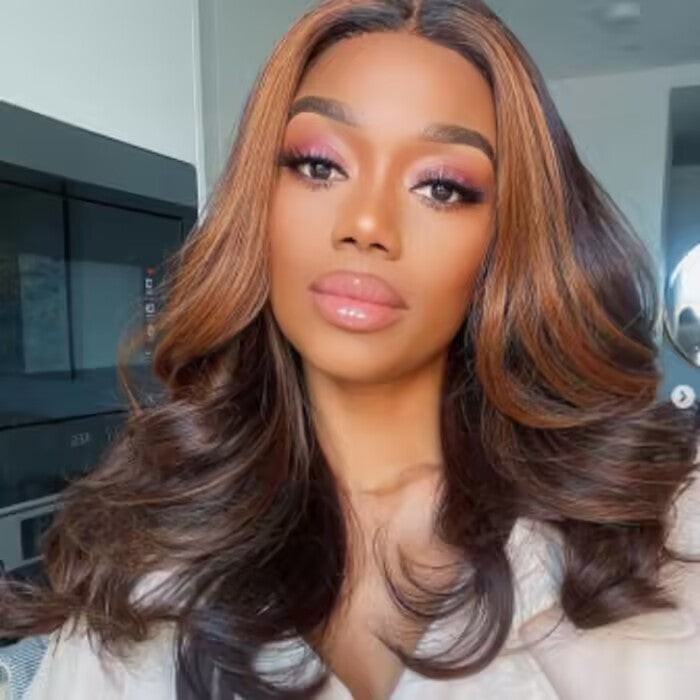 Rich Brown Color Body Wave Human Hair Wigs with Caramel Money Piece Highlight Glueless Flexi-Fit Drawstring Wig