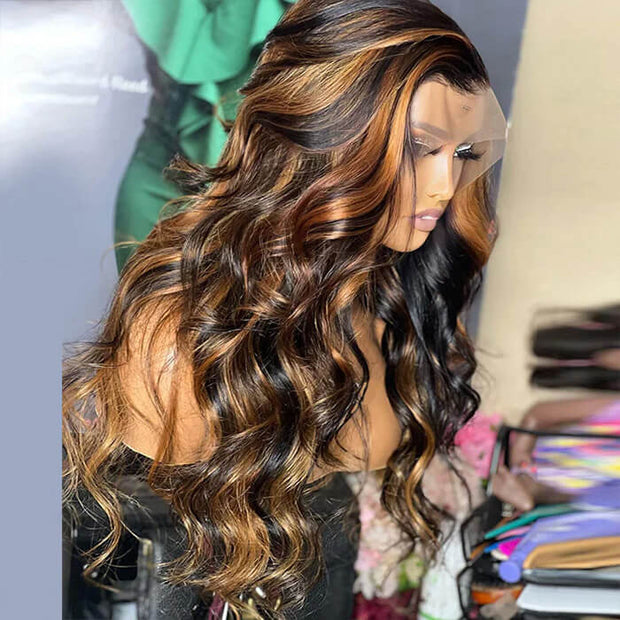 1B/30 Ombre Highlight Balayage Body Wave Wig Glueless 13x4 HD Lace Frontal Wigs Pre Plucked