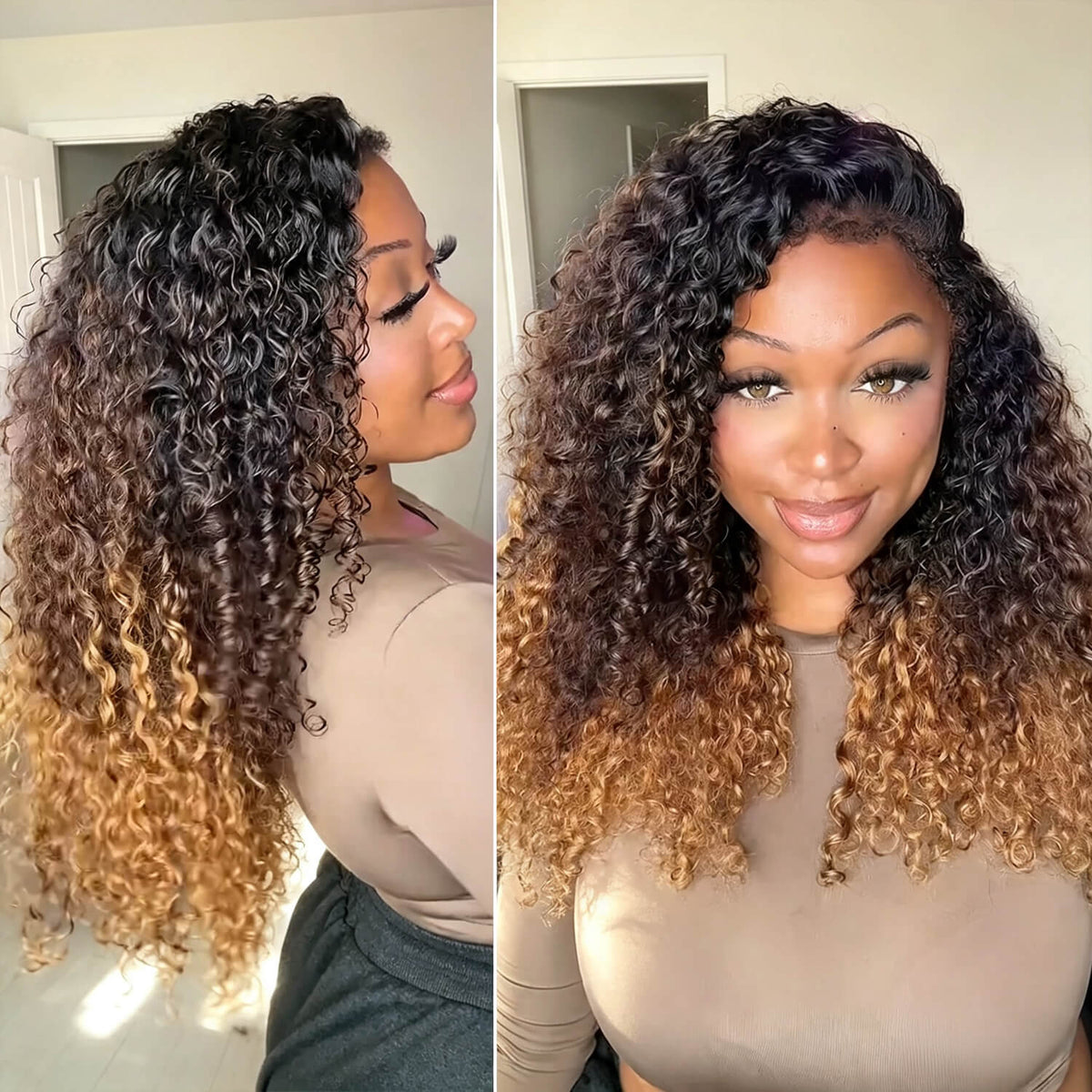 Ombre Brown And Honey Brown Curly Wig with 4C Edge Hairline Drawstring Glueless Pre Cut Lace Frontal Wig Human Hair