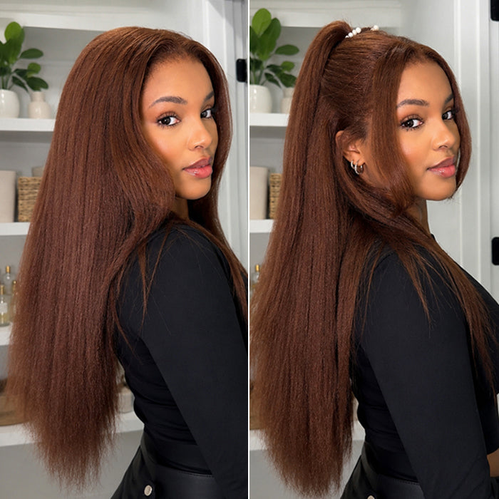 Auburn Brown Colored Kinky Straight Wig Glueless 13x6 HD Lace Frontal Wigs with Plucked Hairline Pre Cut Lace